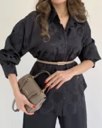 شومیز ابریشم طرحدار مشکی - Image 6