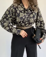 شومیز ساتن ابریشم طرحدار کرم - Image 5