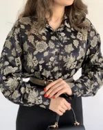 شومیز ساتن ابریشم طرحدار کرم